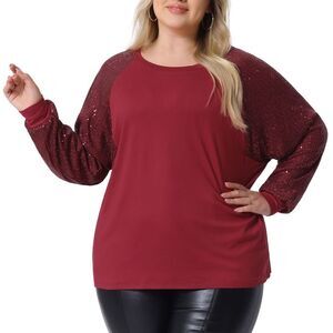 Plus Size Sparkle Sequin Tops Long Sleeve Glitter Party Shirts Blouse Burgundy